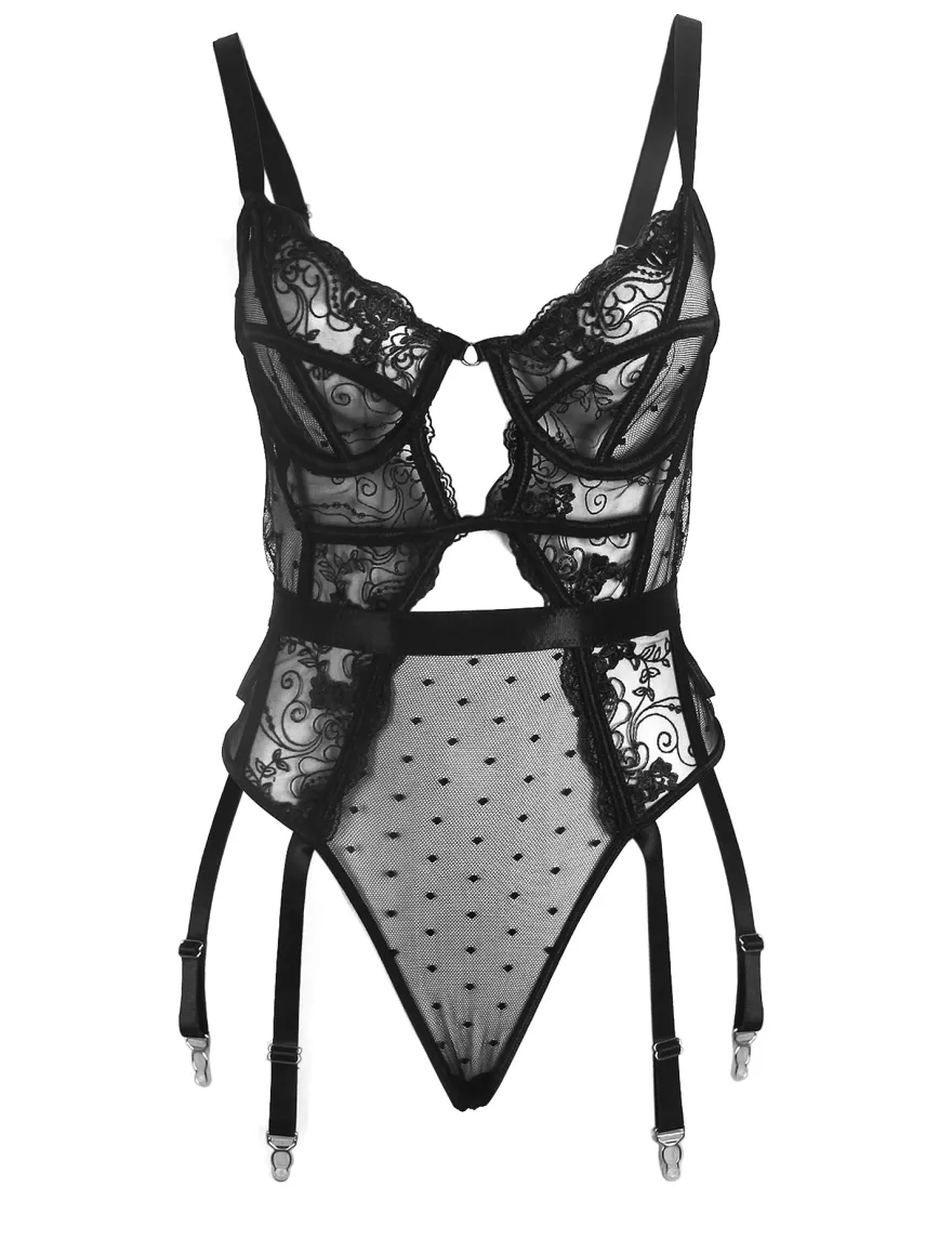 Black Embroidery Lace Hollow Suspender Bodysuit – Sexy High-Quality Lingerie