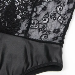 Black Sleeveless Lace Bodysuit – Deep V-Neck Faux Leather, Sexy High-Quality Lingerie