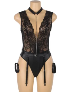 Black Sleeveless Lace Bodysuit – Deep V-Neck Faux Leather, Sexy High-Quality Lingerie