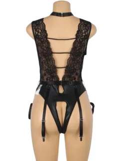 Black Sleeveless Lace Bodysuit – Deep V-Neck Faux Leather, Sexy High-Quality Lingerie