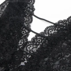 Black Sleeveless Lace Bodysuit – Deep V-Neck Faux Leather, Sexy High-Quality Lingerie