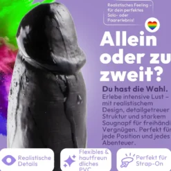 Dildo 21 cm mit Hoden & Saugnapf – gebogener Penis mit Adern & Eichel, Schwarz