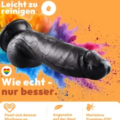 Dildo 21 cm mit Hoden & Saugnapf – gebogener Penis mit Adern & Eichel, Schwarz
