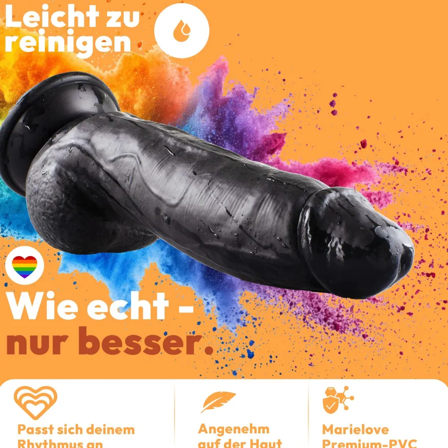 Dildo 21 cm mit Hoden & Saugnapf – gebogener Penis mit Adern & Eichel, Schwarz