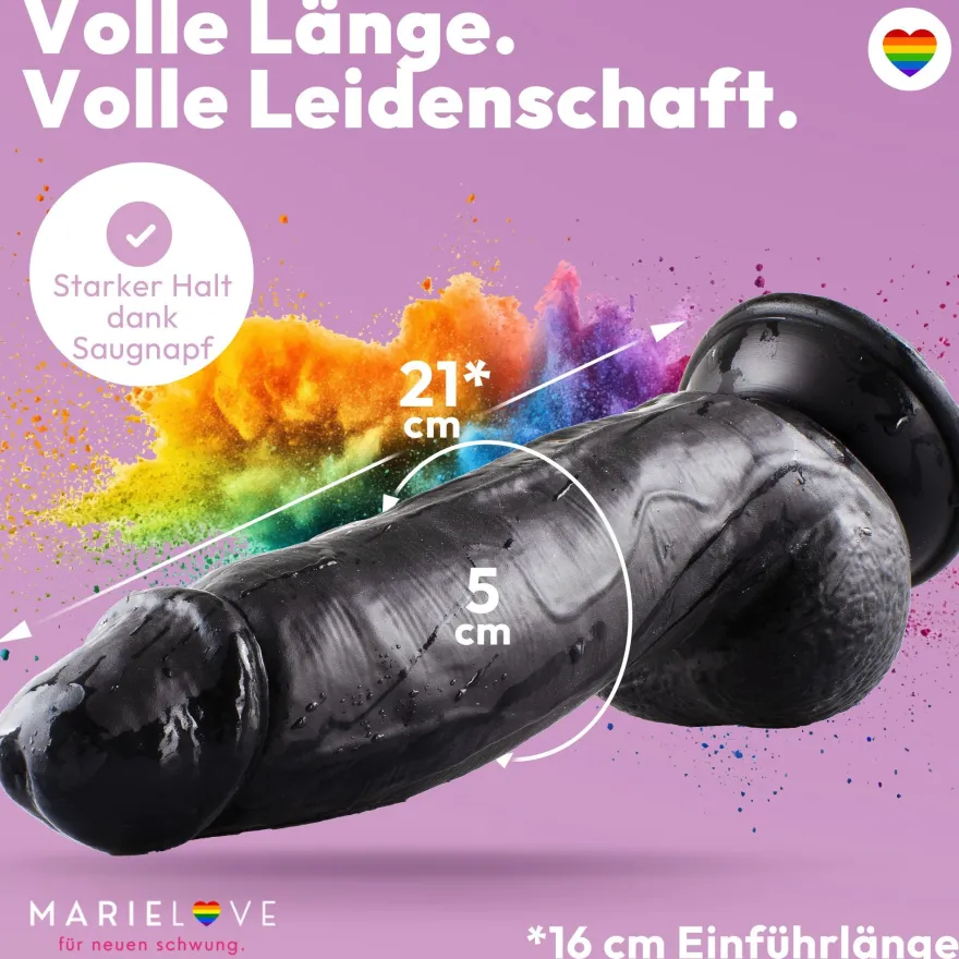 Dildo 21 cm mit Hoden & Saugnapf – gebogener Penis mit Adern & Eichel, Schwarz