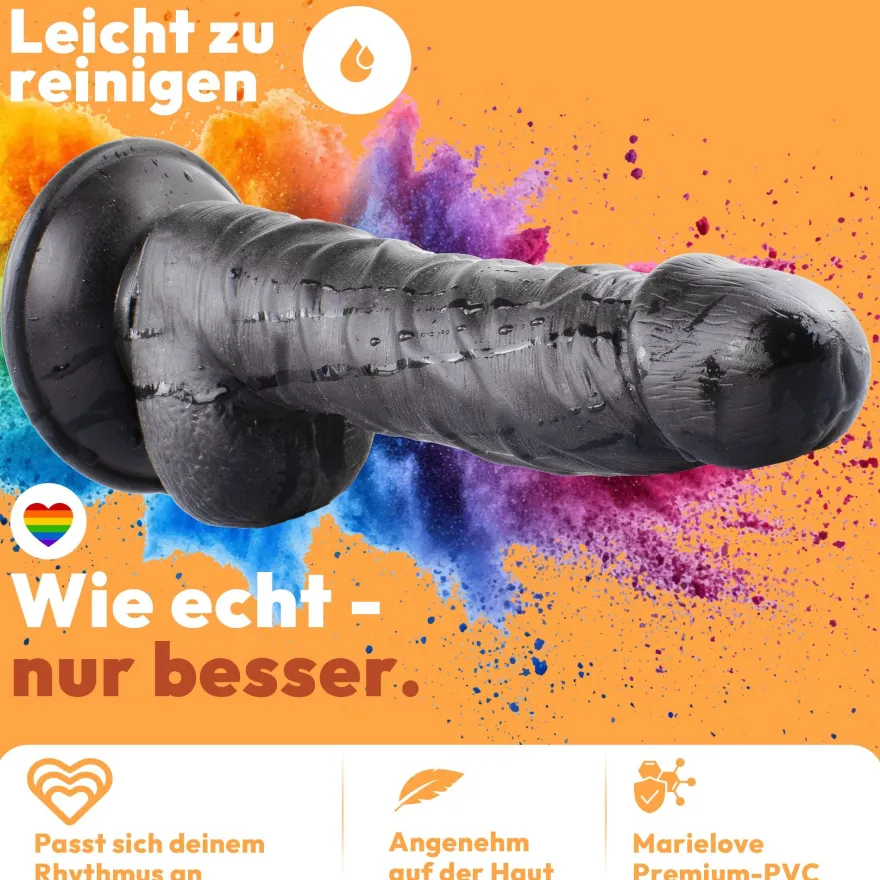 Dildo 20cm mit Hoden & Saugnapf – Schlank, Schwarz