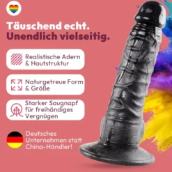 Dildo 20cm mit Hoden & Saugnapf – Schlank, Schwarz