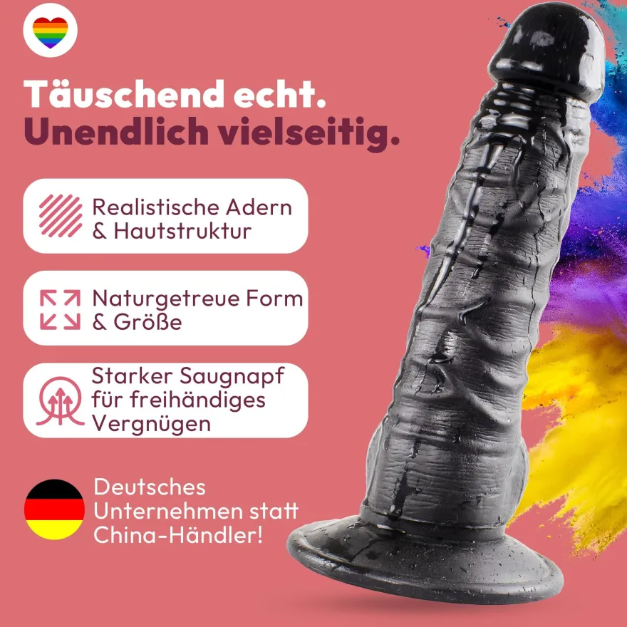 Dildo 20cm mit Hoden & Saugnapf – Schlank, Schwarz