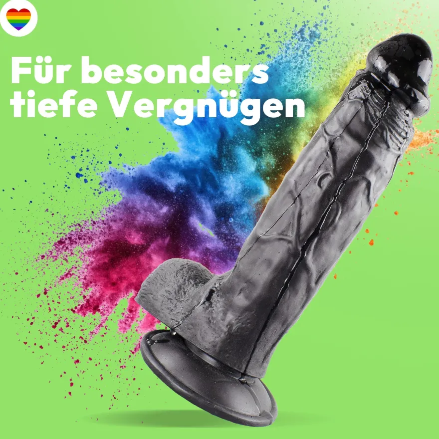 Dildo XXL 24 cm mit Hoden & Saugnapf – Penis mit Adern & Eichel, Schwarz