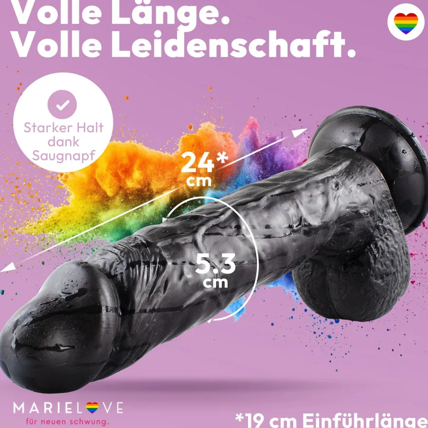 Dildo XXL 24 cm mit Hoden & Saugnapf – Penis mit Adern & Eichel, Schwarz