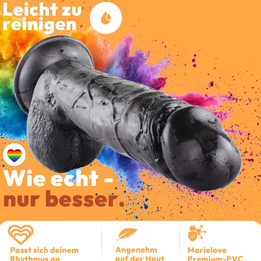 Dildo XXL 24 cm mit Hoden & Saugnapf – Penis mit Adern & Eichel, Schwarz