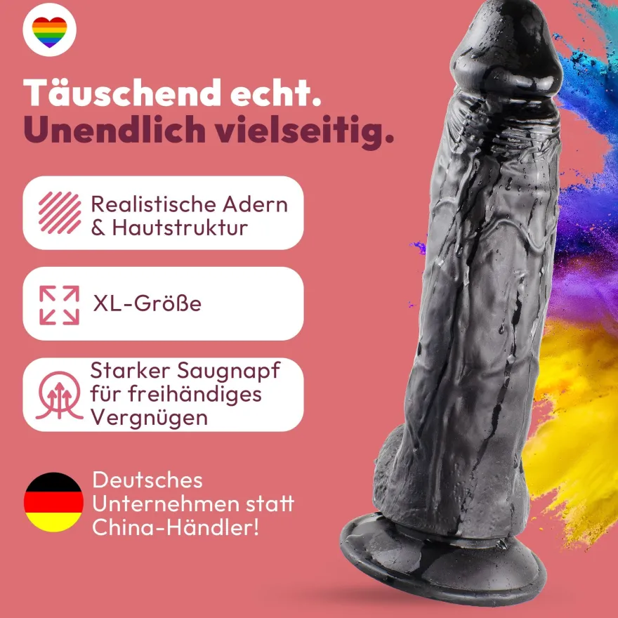 Dildo XXL 24 cm mit Hoden & Saugnapf – Penis mit Adern & Eichel, Schwarz