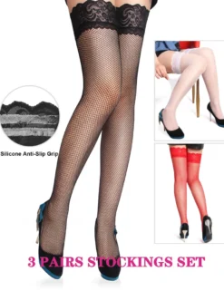 3er Set Sexy Strümpfe aus Spitze & Mesh, Silikon, Geschenkbox, 88% Polyamid, 12% Elastan