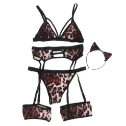 Leopard Print Sexy Lingerie Set – Headwear, Garter & Bra Outfit, High-Quality