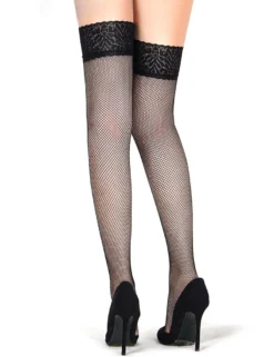 Schwarze Fishnet Oberschenkelstrümpfe mit Spitzenband, Silikon, 88% Nylon, 12% Spandex
