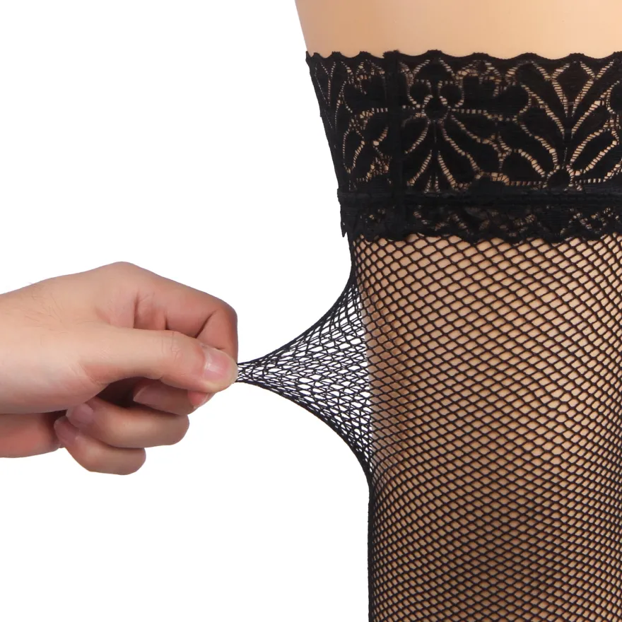 Schwarze Fishnet Oberschenkelstrümpfe mit Spitzenband, Silikon, 88% Nylon, 12% Spandex