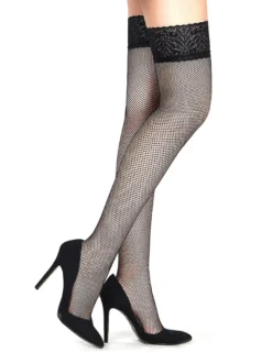 Schwarze Fishnet Oberschenkelstrümpfe mit Spitzenband, Silikon, 88% Nylon, 12% Spandex