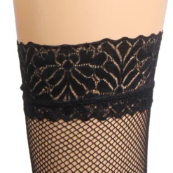 Schwarze Fishnet Oberschenkelstrümpfe mit Spitzenband, Silikon, 88% Nylon, 12% Spandex