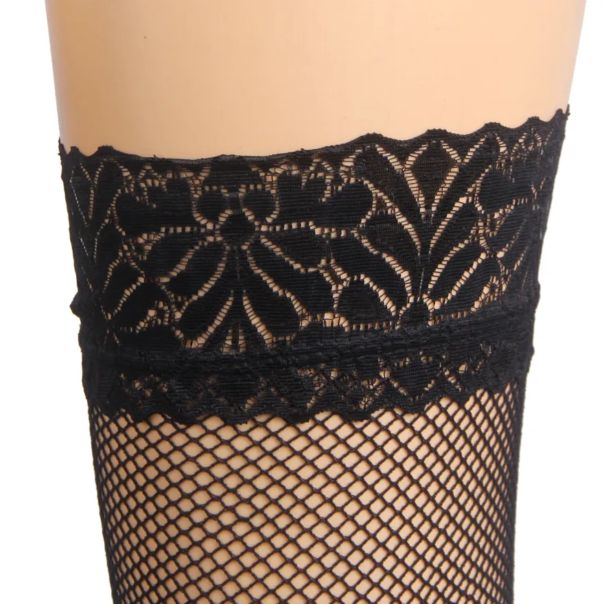 Schwarze Fishnet Oberschenkelstrümpfe mit Spitzenband, Silikon, 88% Nylon, 12% Spandex