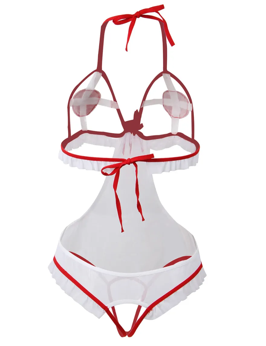Sexy Krankenschwester Teddy Dessous mit offenem Design, 95% Polyester, 5% Elastan