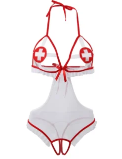 Sexy Krankenschwester Teddy Dessous mit offenem Design, 95% Polyester, 5% Elastan