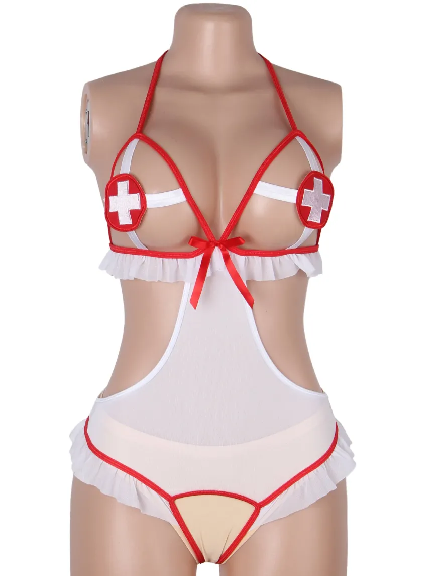 Sexy Krankenschwester Teddy Dessous mit offenem Design, 95% Polyester, 5% Elastan