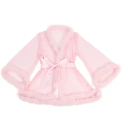 Sexy Kurze Morgenrobe – Pinkes Mesh & Nerz-Fell, Gürtel, verführerische Lingerie