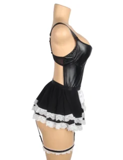 Sexy Maid Kostüm – Schwarzes PU-Leder & Mesh, Cosplay Outfit, Dessous