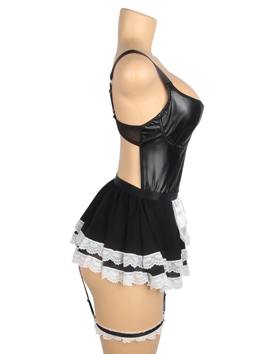 Sexy Maid Kostüm – Schwarzes PU-Leder & Mesh, Cosplay Outfit, Dessous