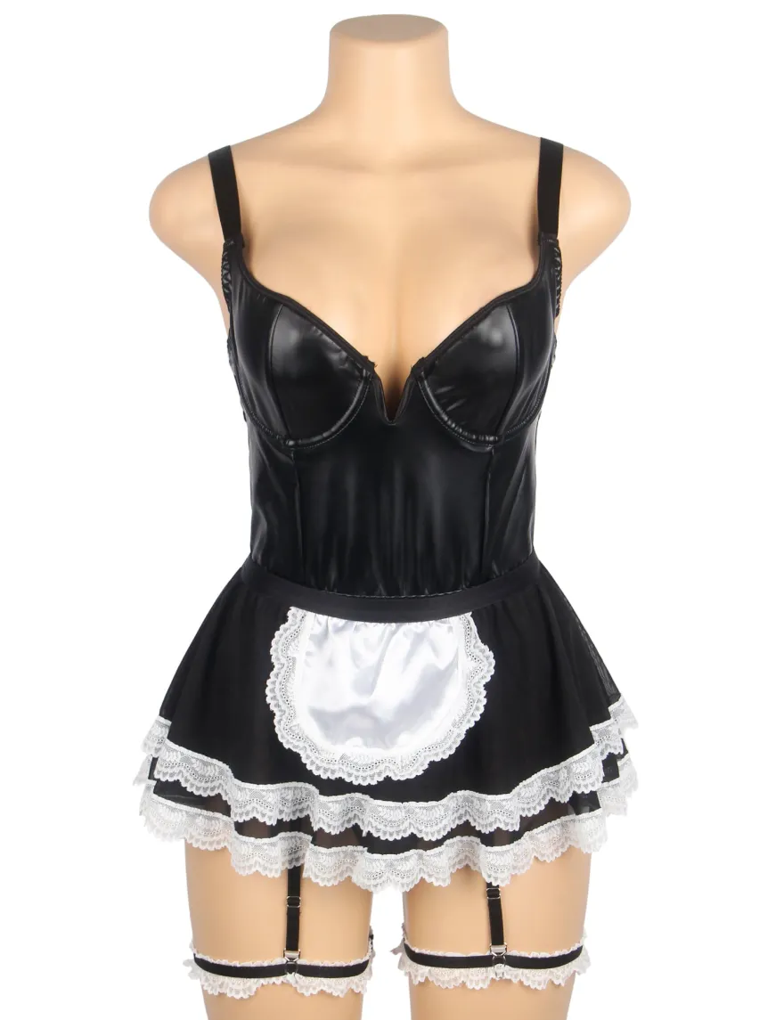 Sexy Maid Kostüm – Schwarzes PU-Leder & Mesh, Cosplay Outfit, Dessous