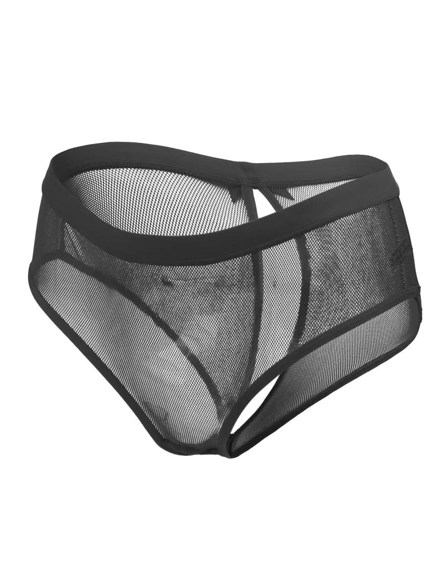 Sexy Schwarze Mesh Panty mit offenem Rücken, 88% Polyamid, 12% Elastan, transparent