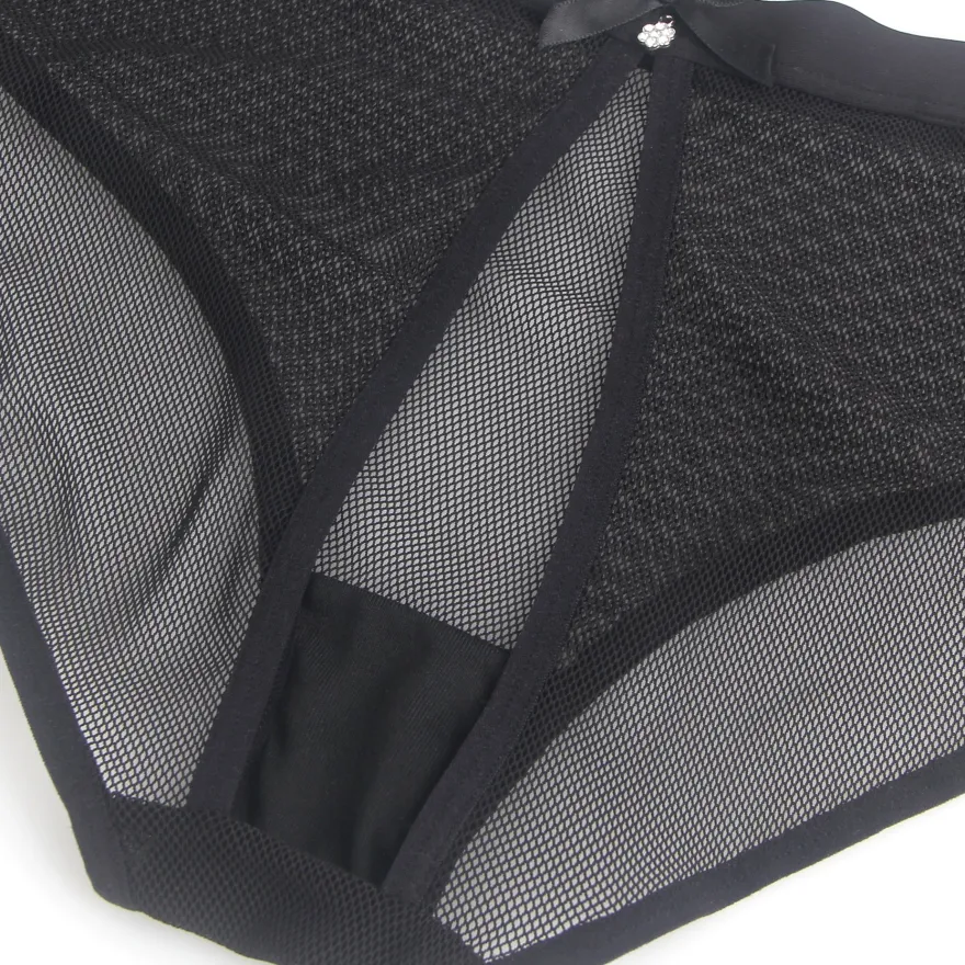 Sexy Schwarze Mesh Panty mit offenem Rücken, 88% Polyamid, 12% Elastan, transparent