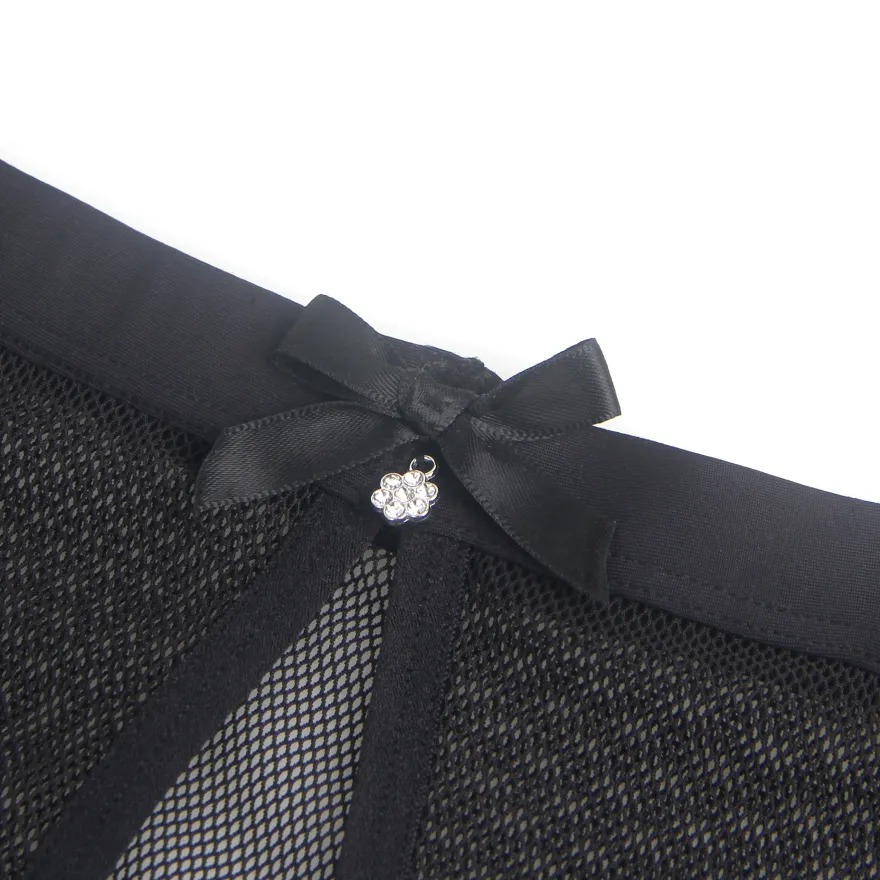 Sexy Schwarze Mesh Panty mit offenem Rücken, 88% Polyamid, 12% Elastan, transparent