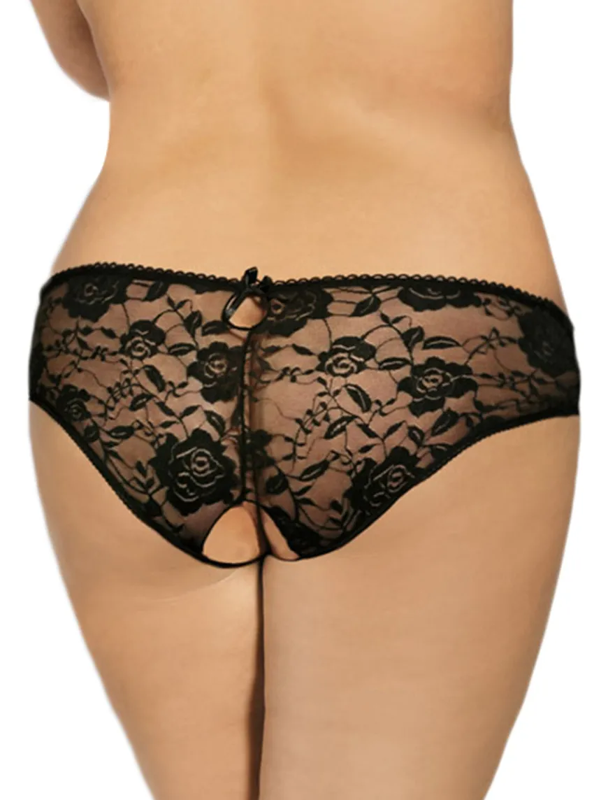 Sexy Schwarze Open-Crotch Spitzen-Strings mit Riemchen, 88% Nylon, 12% Spandex