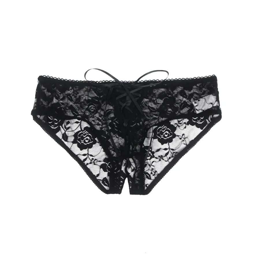 Sexy Schwarze Open-Crotch Spitzen-Strings mit Riemchen, 88% Nylon, 12% Spandex