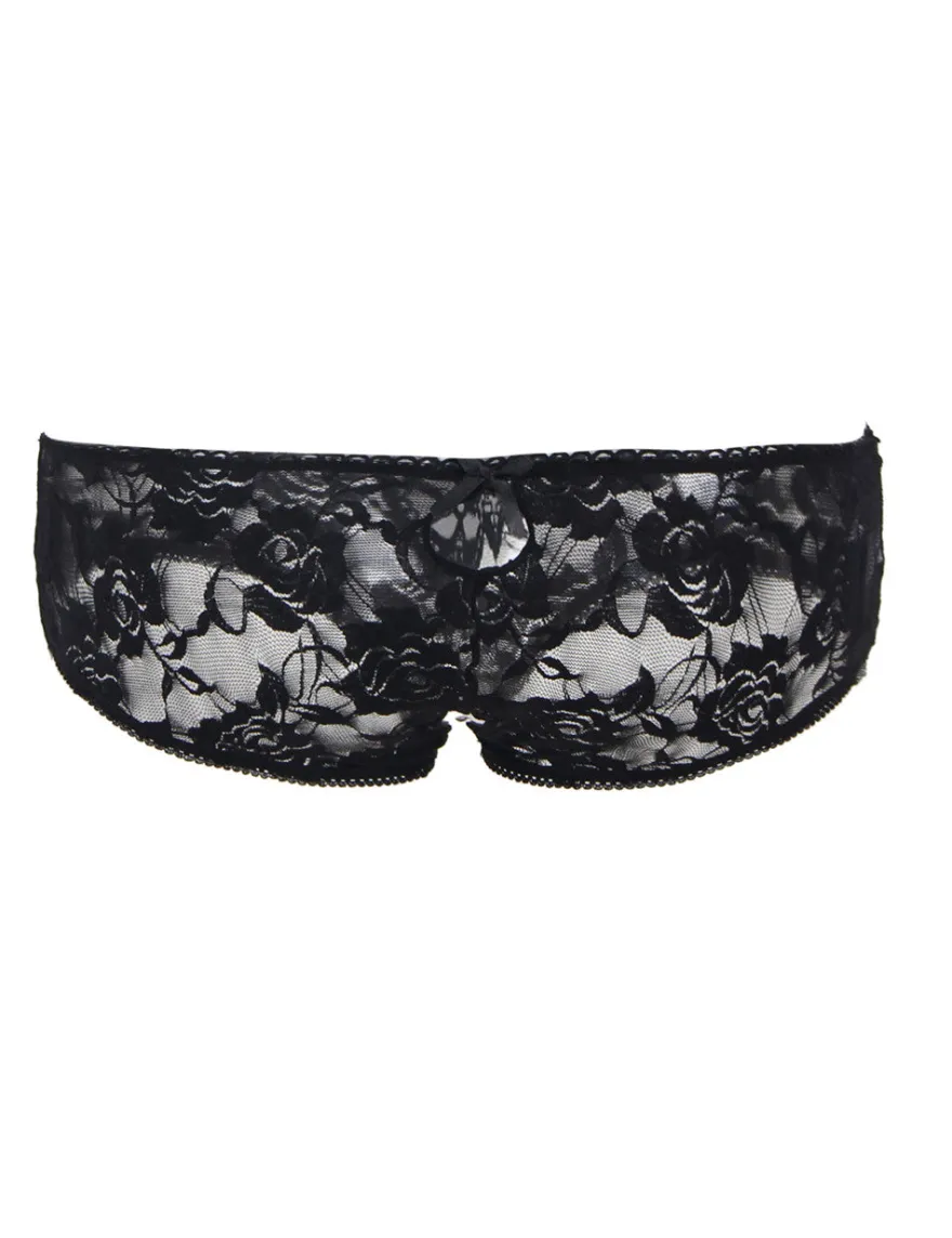 Sexy Schwarze Open-Crotch Spitzen-Strings mit Riemchen, 88% Nylon, 12% Spandex