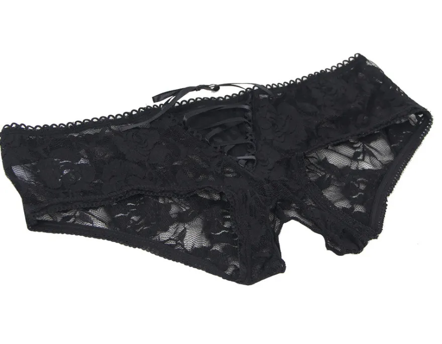 Sexy Schwarze Open-Crotch Spitzen-Strings mit Riemchen, 88% Nylon, 12% Spandex