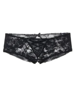 Sexy Schwarze Open-Crotch Spitzen-Strings mit Riemchen, 88% Nylon, 12% Spandex