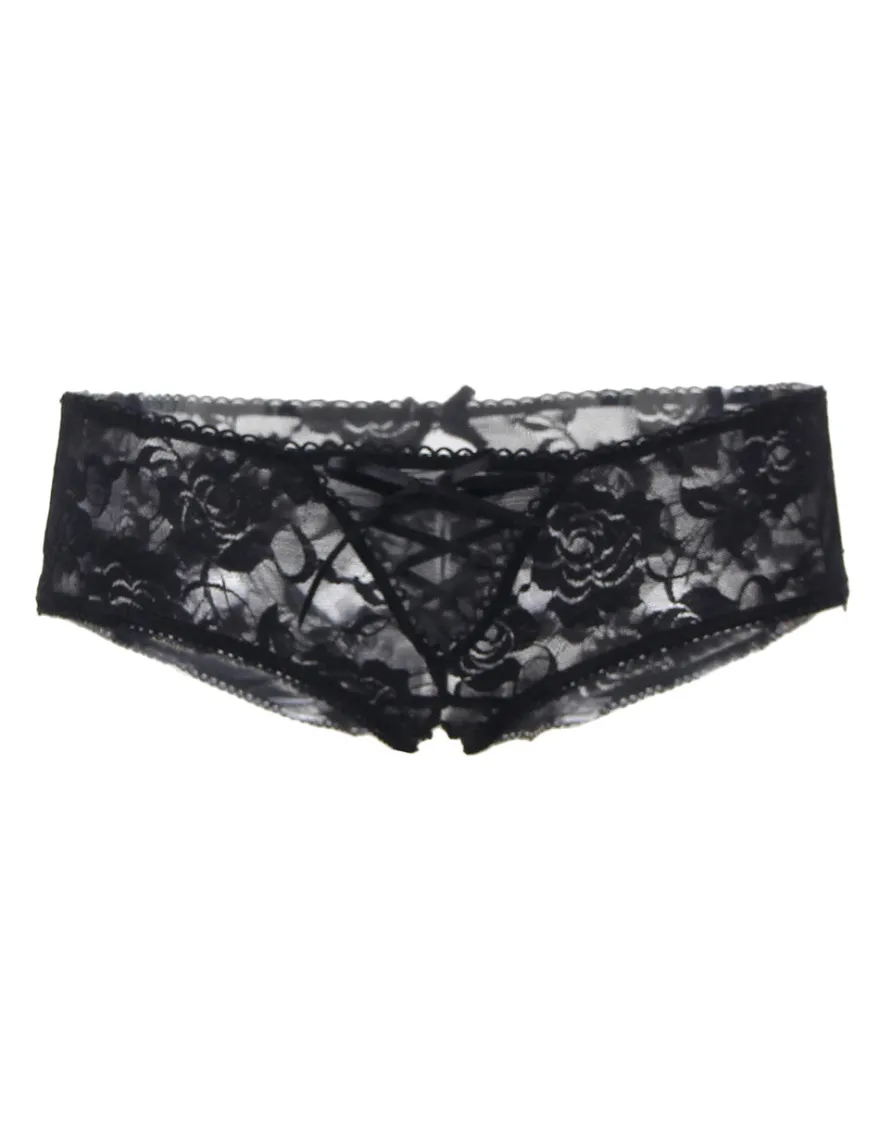 Sexy Schwarze Open-Crotch Spitzen-Strings mit Riemchen, 88% Nylon, 12% Spandex