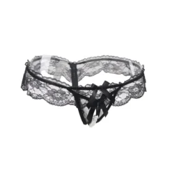 Sexy Schwarze Open-Crotch Spitze Panty, 88% Nylon, 12% Spandex, verführerisch