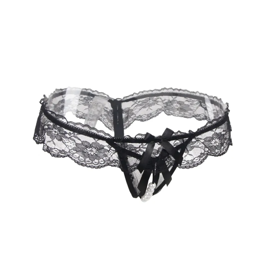 Sexy Schwarze Open-Crotch Spitze Panty, 88% Nylon, 12% Spandex, verführerisch