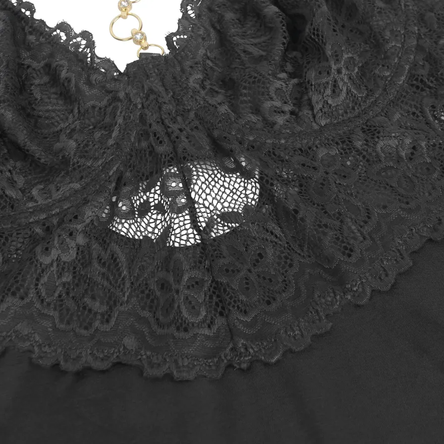 Sexy Schwarzes Nachtkleid – Modal, Spitze & Schlitz, verführerische Lingerie