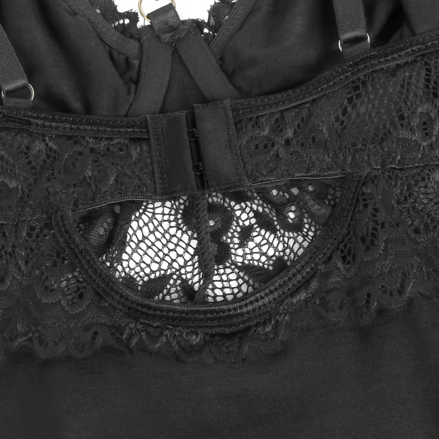 Sexy Schwarzes Nachtkleid – Modal, Spitze & Schlitz, verführerische Lingerie