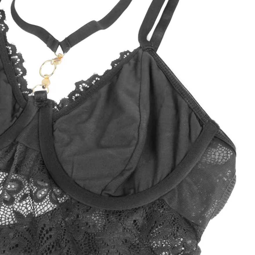 Sexy Schwarzes Nachtkleid – Modal, Spitze & Schlitz, verführerische Lingerie
