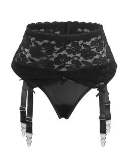 Sexy Schwarze Spitzen-Garter-Panty mit Metall-Clips, 88% Nylon, 12% Spandex, verstellbar