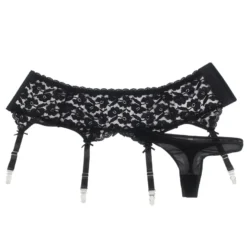 Sexy Schwarze Spitzen-Garter-Panty mit Metall-Clips, 88% Nylon, 12% Spandex, verstellbar
