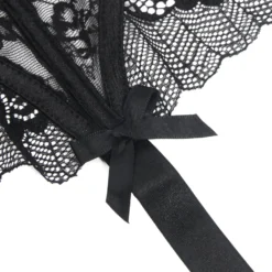 Sexy Schwarze Spitzen-Garter-Panty mit Schleife & Metall-Clips, 88% Nylon, 12% Spandex
