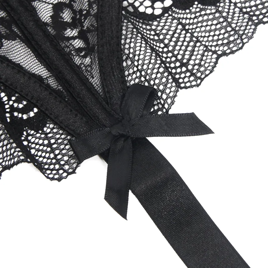 Sexy Schwarze Spitzen-Garter-Panty mit Schleife & Metall-Clips, 88% Nylon, 12% Spandex