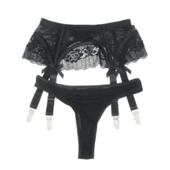 Sexy Schwarze Spitzen-Garter-Panty mit Schleife & Metall-Clips, 88% Nylon, 12% Spandex