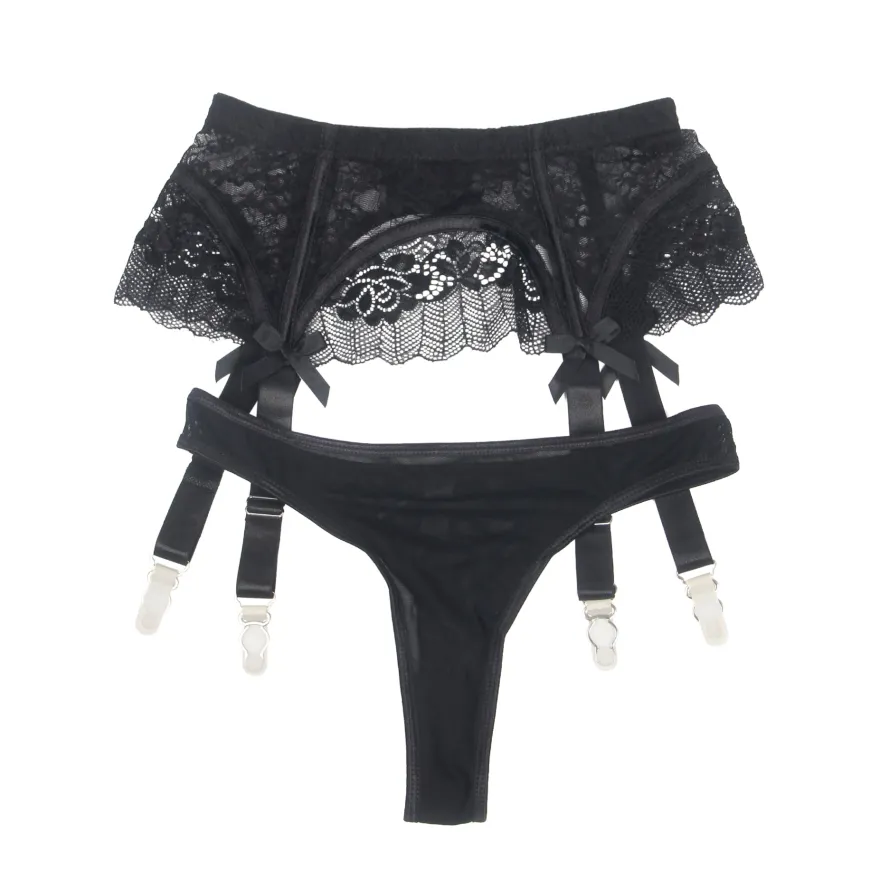 Sexy Schwarze Spitzen-Garter-Panty mit Schleife & Metall-Clips, 88% Nylon, 12% Spandex